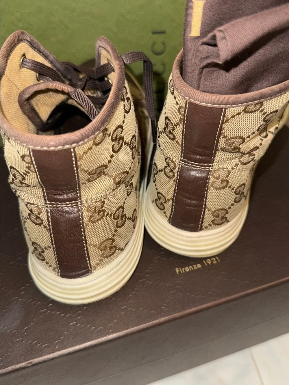 Gucci Brown GG Supreme High-Top Sneakers with Green & Red Web
